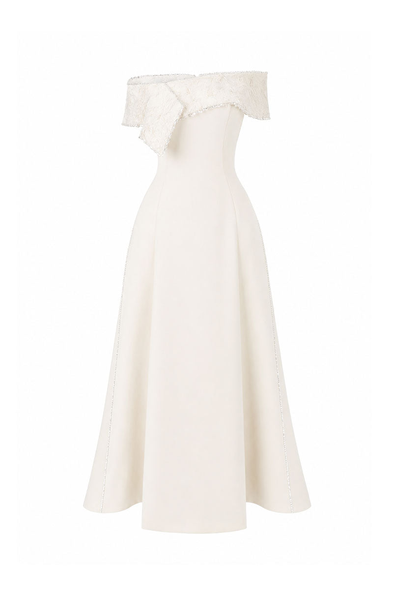 L'SCARLETT off-white beaded midi dress with flared draped neckline and off-shoulder design, front view showing elegant details.