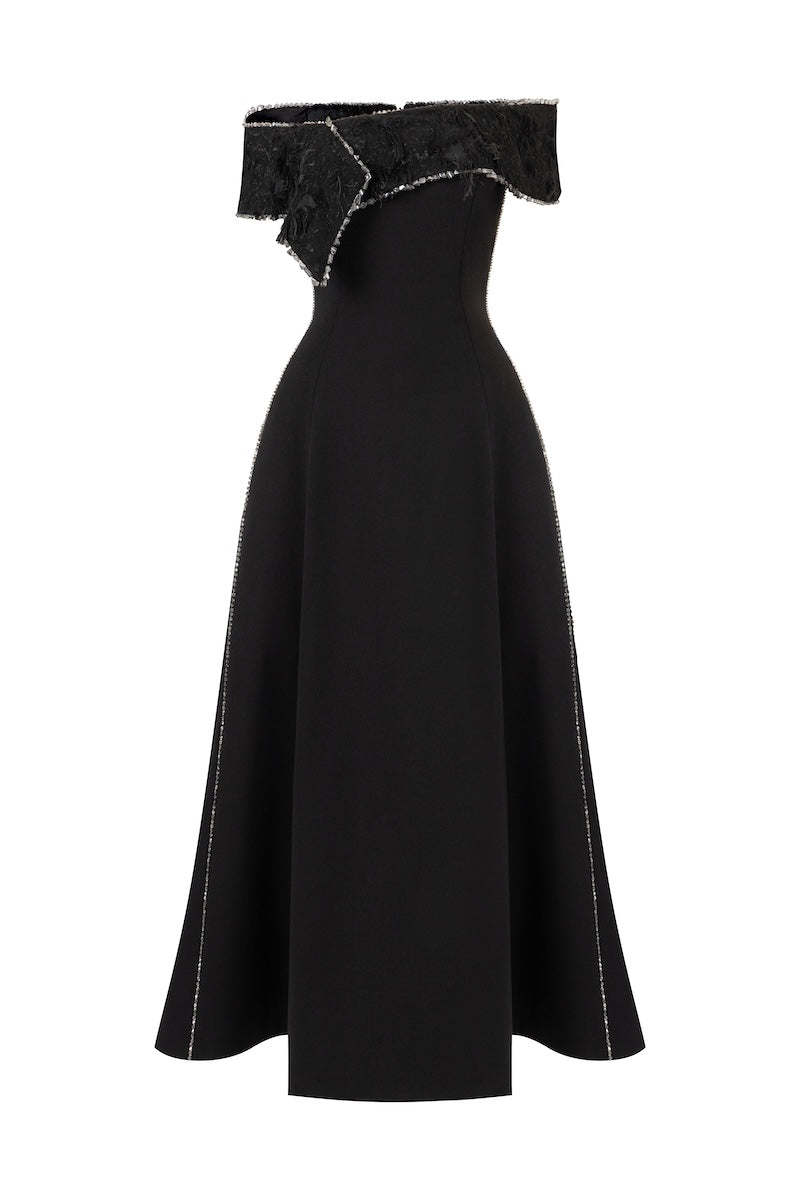 Black beaded midi dress with flared, draped neckline and off-shoulder design by L'SCARLETT, shown from the front.