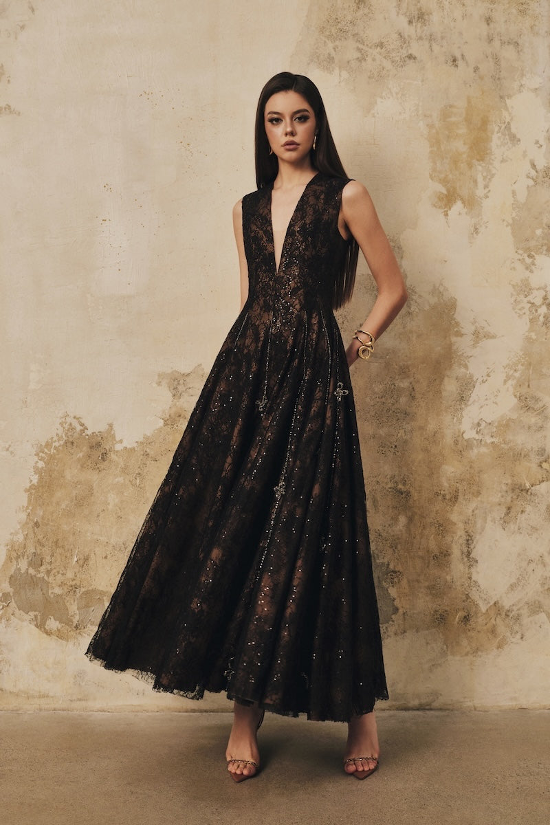 Black L'SCARLETT flared V-neck sleeveless midi dress with 3D crystal floral embellishments, perfect for elegant occasions.