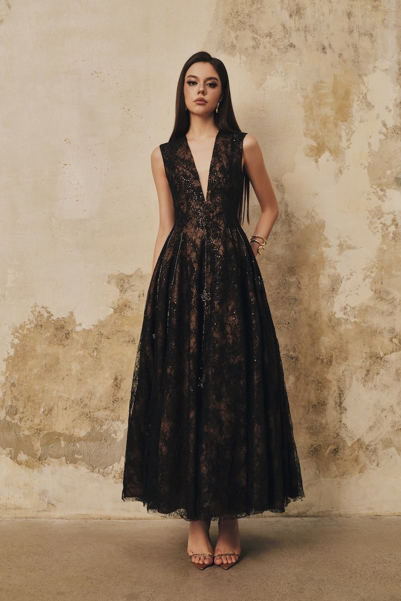 Black sleeveless midi dress with flared V-neckline and 3D crystal floral embellishments by L'SCARLETT.