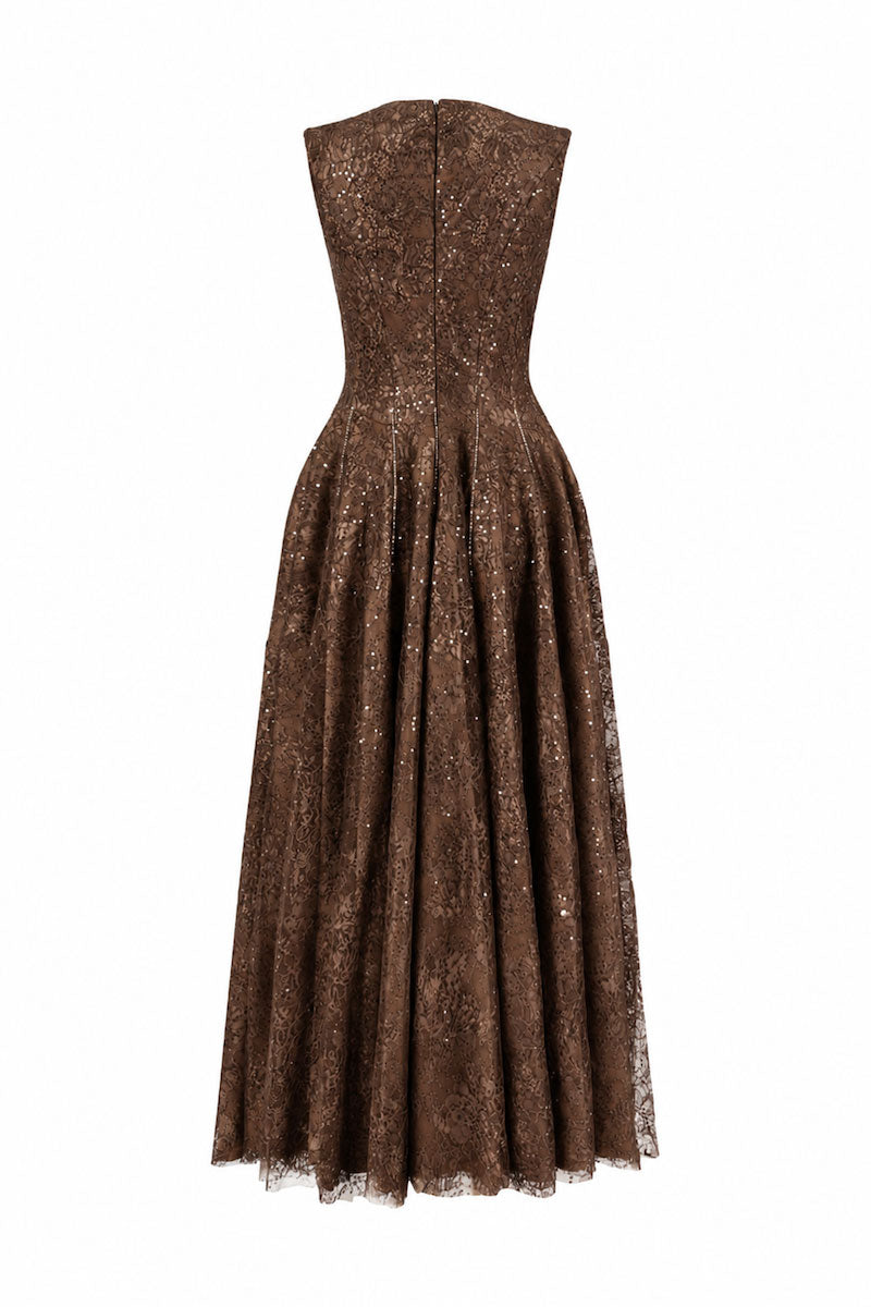 Brown sleeveless midi dress with flared V-neckline and 3D crystal floral details from L'SCARLETT, shown from the back.