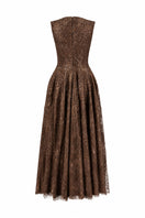 Brown sleeveless flared gown with V-neckline and 3D crystal floral embellishments by L'SCARLETT, back view image.