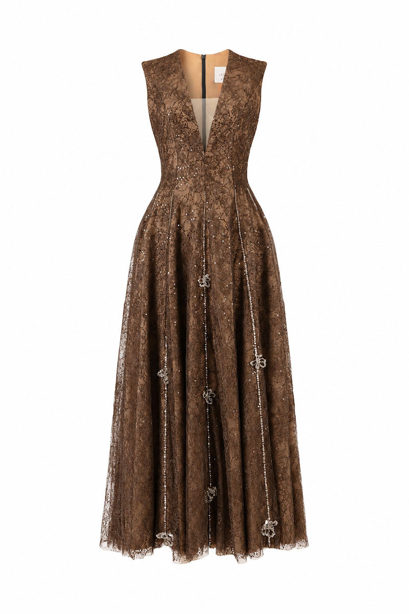 Brown L'SCARLETT flared V-neck sleeveless midi dress with 3D crystal floral details, front view.