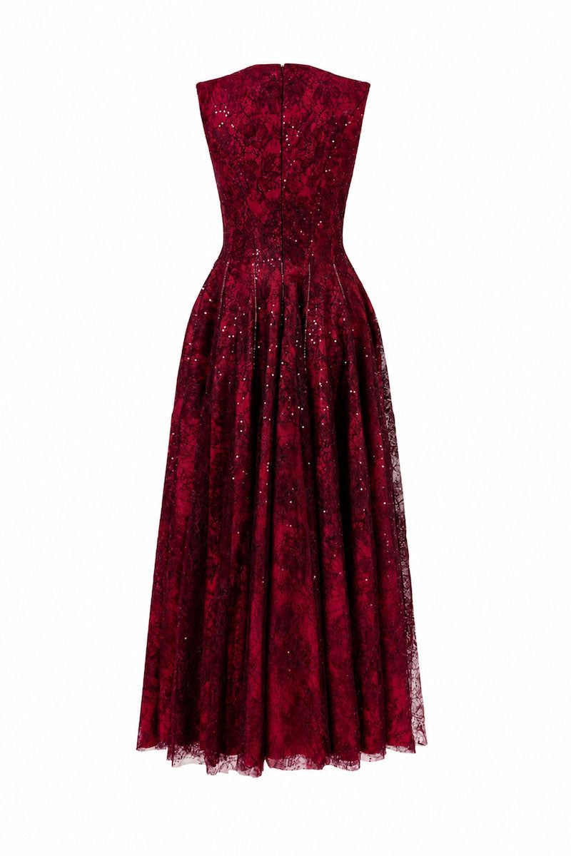 Back view of L'SCARLETT burgundy flared V-neck sleeveless 3D crystal floral midi dress with a fitted silhouette.