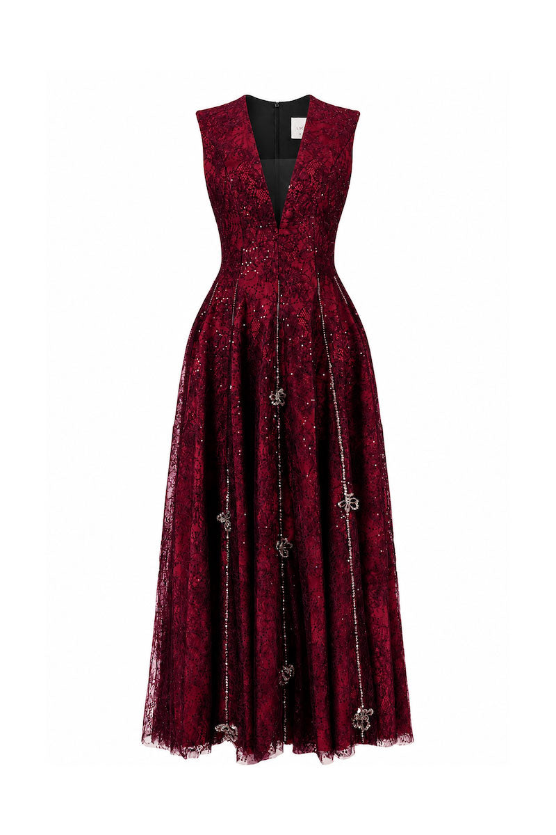 Burundy sleeveless midi dress with flared V-neckline and 3D crystal floral embellishments by L'SCARLETT, front view.