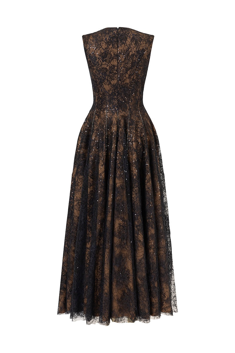 Black sleeveless midi dress with flared V-neckline and 3D crystal floral embellishments by L'SCARLETT, shown from the back.