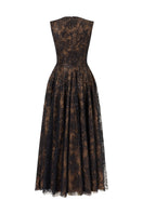 Black sleeveless gown with flared V-neckline and 3D crystal floral embellishments by L'SCARLETT, shown from the back.