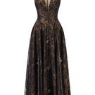 Black sleeveless gown with flared V-neckline and 3D crystal floral embellishments by L'SCARLETT, shown from the front.