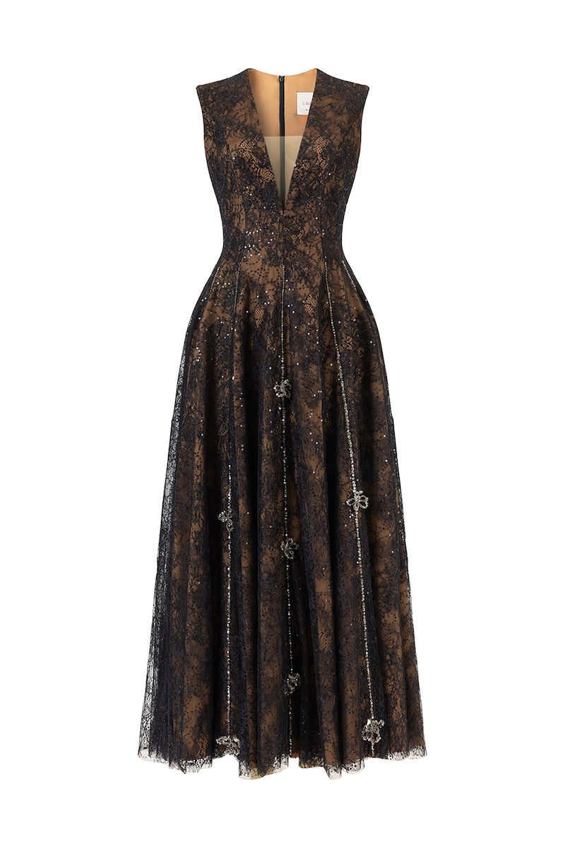 Black L'Scarlett flared V-neck sleeveless midi dress with 3D crystal floral details, perfect for elegant occasions.