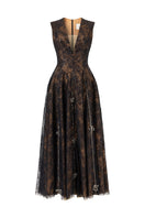 Black sleeveless gown with flared V-neckline and 3D crystal floral embellishments by L'SCARLETT, shown from the front.