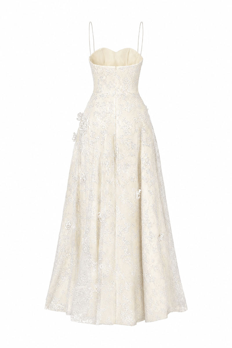L'SCARLETT white A-line spaghetti-strap maxi dress with 3D crystal floral embellishments, back view showcasing elegant design.