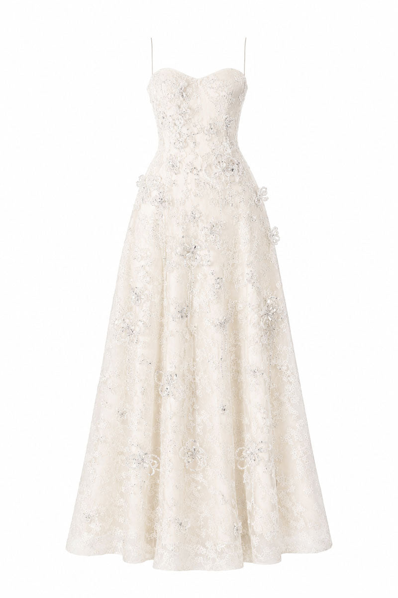 White L'SCARLETT A-line spaghetti-strap maxi dress with 3D crystal floral embellishments, front view showing elegant design