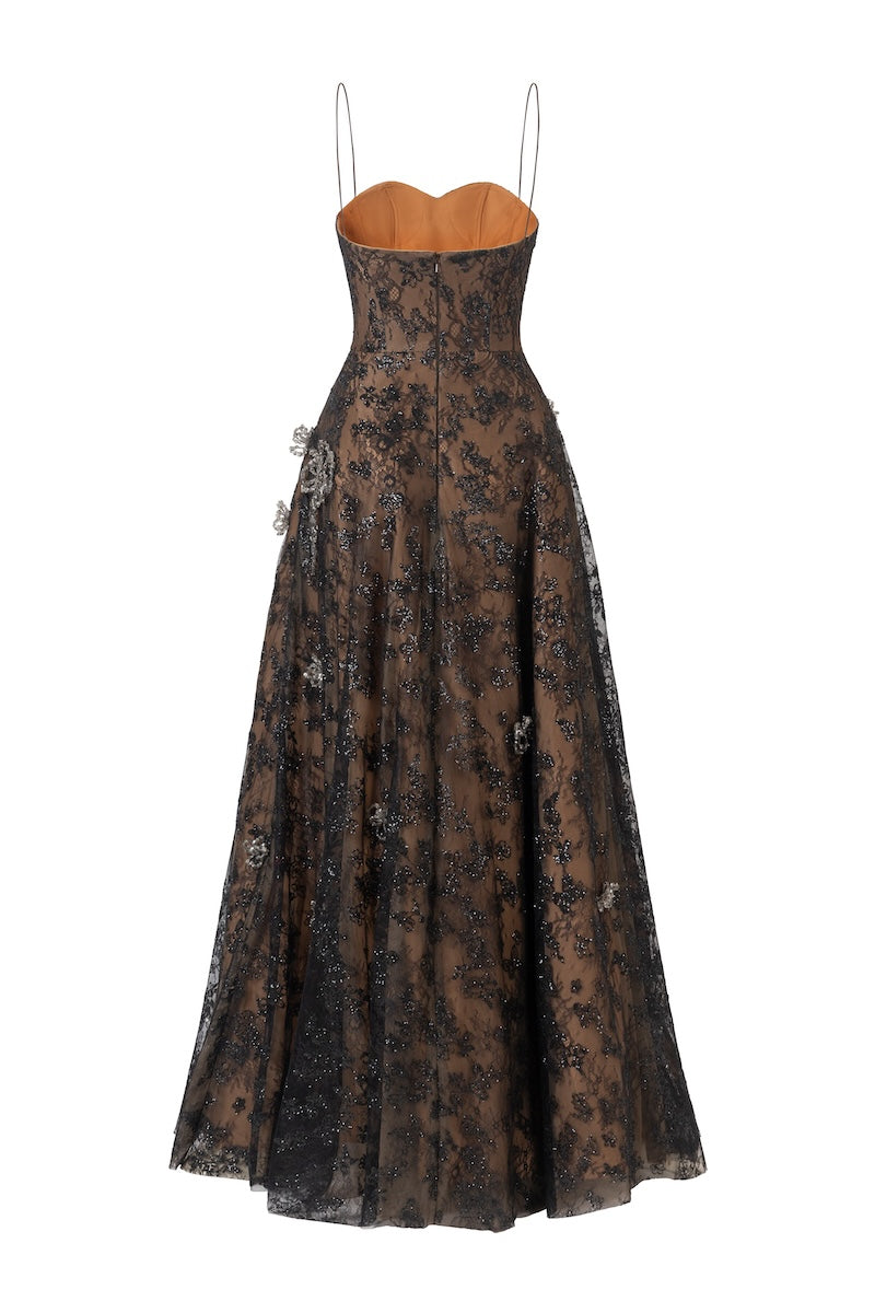 Black L'SCARLETT A-line spaghetti-strap maxi dress with 3D crystal floral embellishments, back view, elegant evening style.
