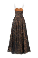 Black L'SCARLETT A-line spaghetti-strap gown with 3D crystal floral embellishments, back view showcasing elegant design.