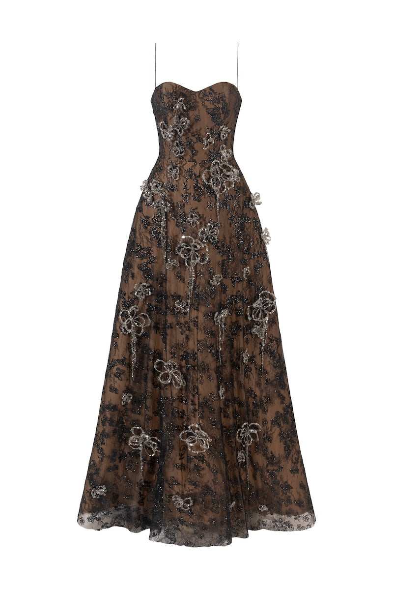 Black L'SCARLETT A-line spaghetti-strap maxi dress with 3D floral crystal embellishments, front view.