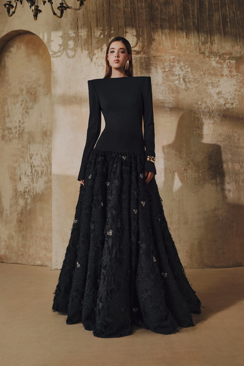 Black L'SCARLETT maxi dress with round neck, open back, hand-embellished crystal heart design, elegant evening wear.
