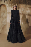 L'SCARLETT crystal heart gown with a round-neck, open-back design, featuring elegant crystal embellishments and flowing fabric.