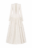 Off-white L'Scarlett maxi dress with round neck, open-back design, and crystal heart detail, perfect for elegant occasions.