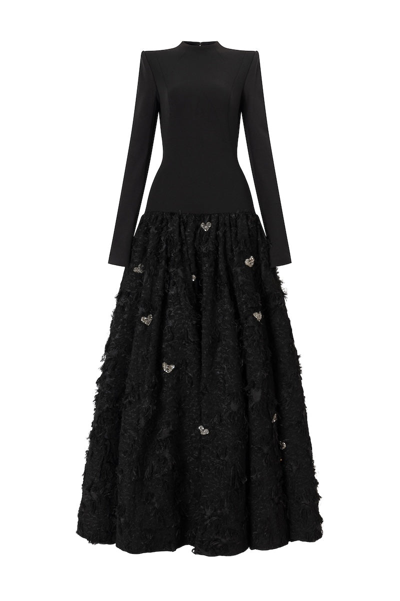 Black round-neck open-back maxi dress with hand-embellished crystal heart detail by L'SCARLETT, front view.