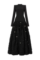 Black round-neck open-back crystal heart gown by L'Scarlett, featuring elegant design and sparkling crystal details.