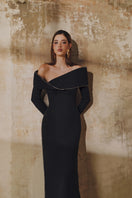 Off-shoulder long-sleeve MOBIUS bust gown by L'SCARLETT, featuring intricate 3D design and elegant fit in the image.