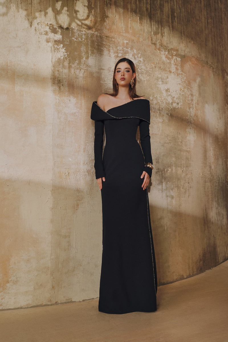Black L'SCARLETT straight-cut off-shoulder long-sleeve 3D Mobius bust maxi dress, elegant and stylish for special occasions.