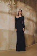 L'SCARLETT off-shoulder long-sleeve 3D Mobius bust gown with intricate design, elegant fit, and stylish silhouette.