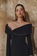 L'SCARLETT off-shoulder long-sleeve 3D Mobius bust gown displayed on a mannequin, showcasing elegant design and intricate fabric details.