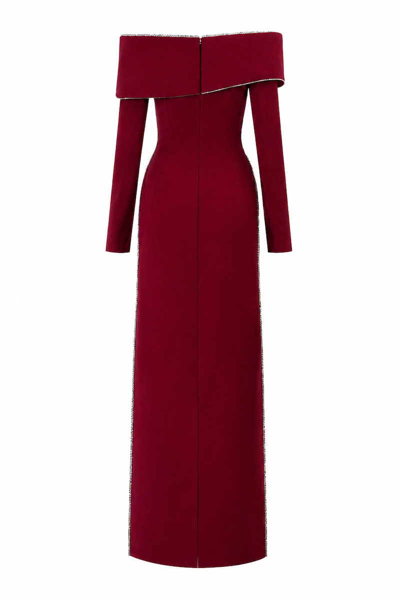 L'SCARLETT burgundy straight-cut off-shoulder long-sleeve 3D mobius bust maxi dress, back view featuring elegant design.