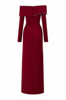 Red off-shoulder long-sleeve gown with 3D Mobius bust design by L'Scarlett, shown from the back.