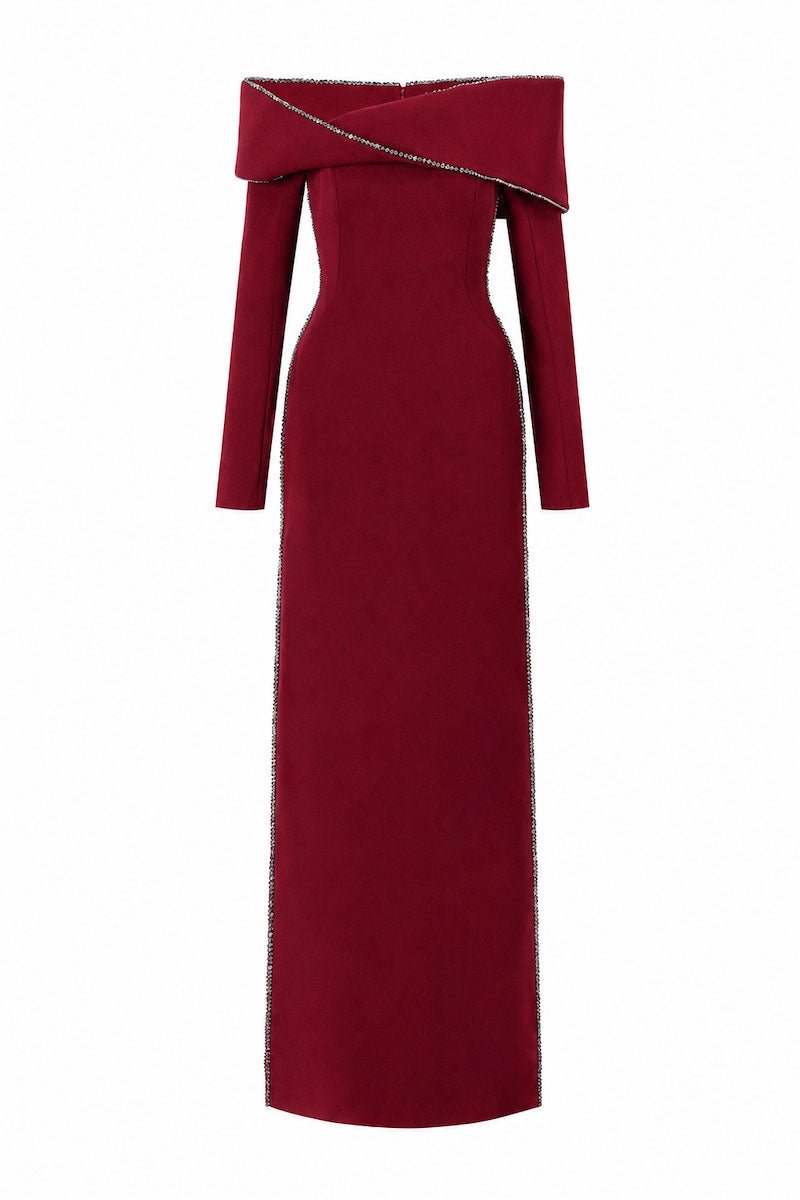 L'SCARLETT burgundy straight-cut off-shoulder long-sleeve maxi dress with 3D Mobius bust design, front view.