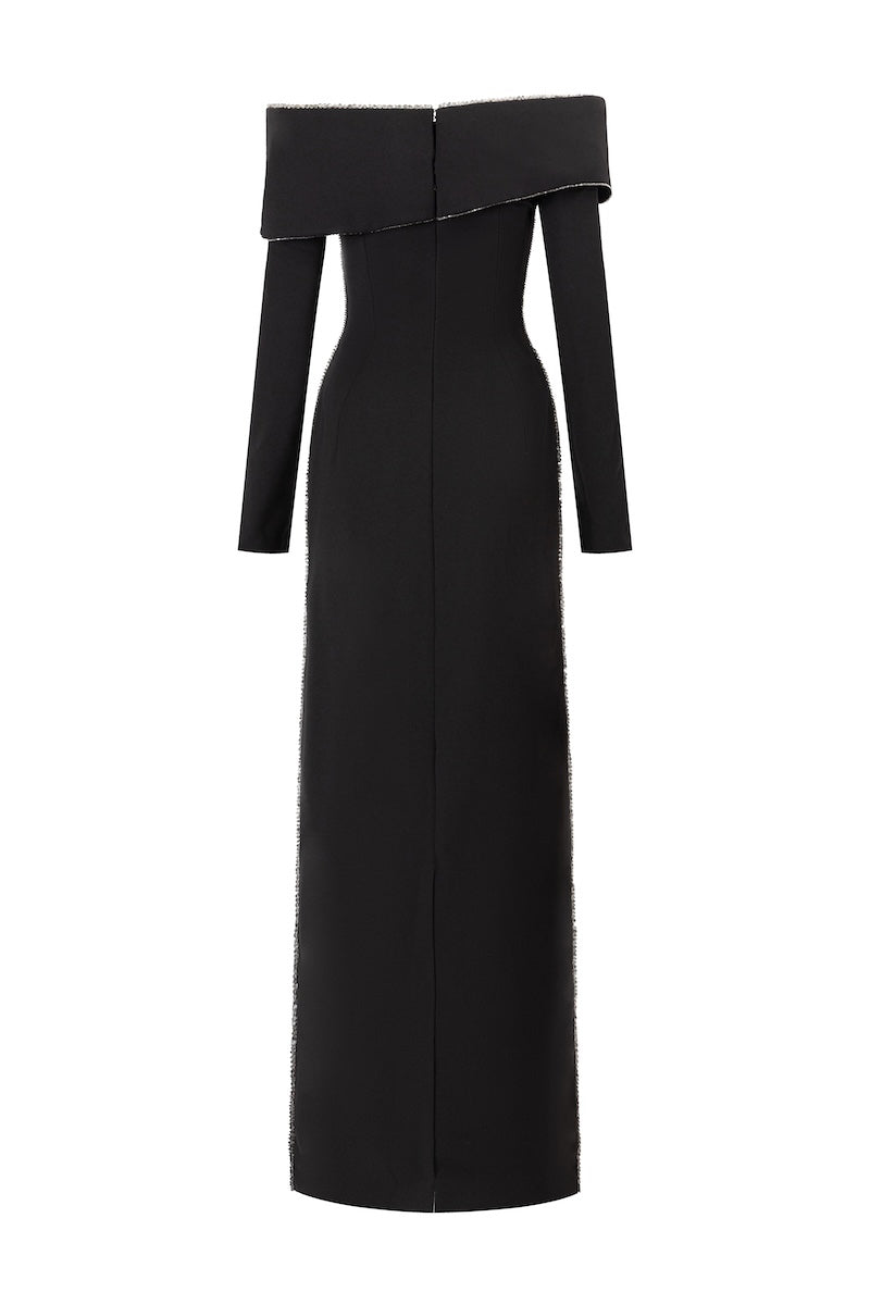 Black L'SCARLETT maxi dress with straight-cut off-shoulder design and long sleeves, displayed from the back.