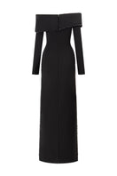 Black off-shoulder long-sleeve Mobius bust gown by L'Scarlett, featuring 3D textured design and elegant draping.