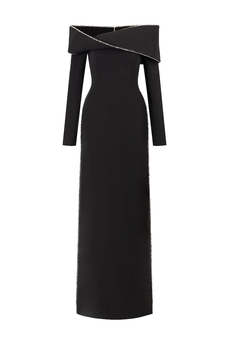 Black L'SCARLETT straight-cut off-shoulder long-sleeve 3D Mobius bust maxi dress, front view showing elegant design.