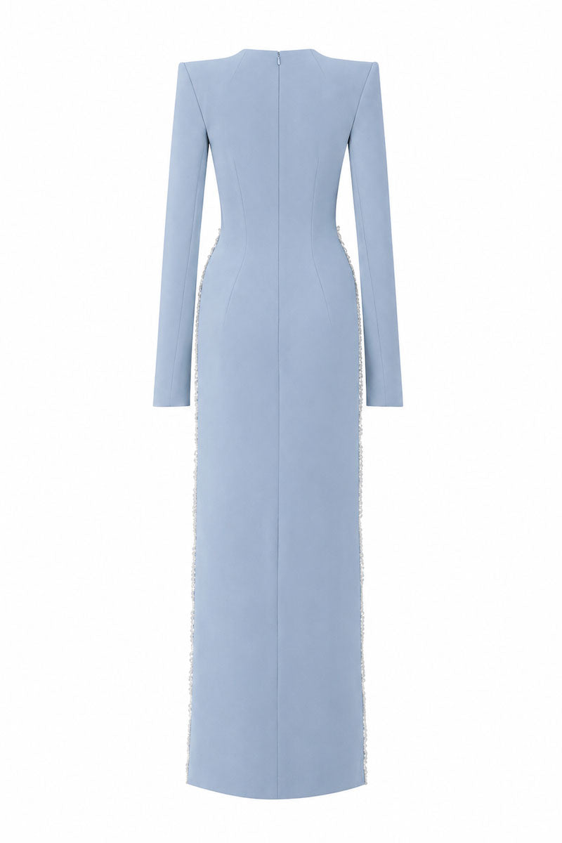 Light blue L'SCARLETT maxi dress with straight cut, long sleeves, hand-embellished crystal heart detail, back view.