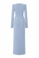 Blue L'SCARLETT straight-cut hand-embellished crystal heart gown, showcasing intricate beadwork and elegant silhouette.