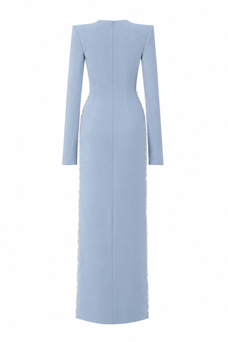 Blue L'SCARLETT straight-cut hand-embellished crystal heart gown, showcasing intricate beadwork and elegant silhouette.