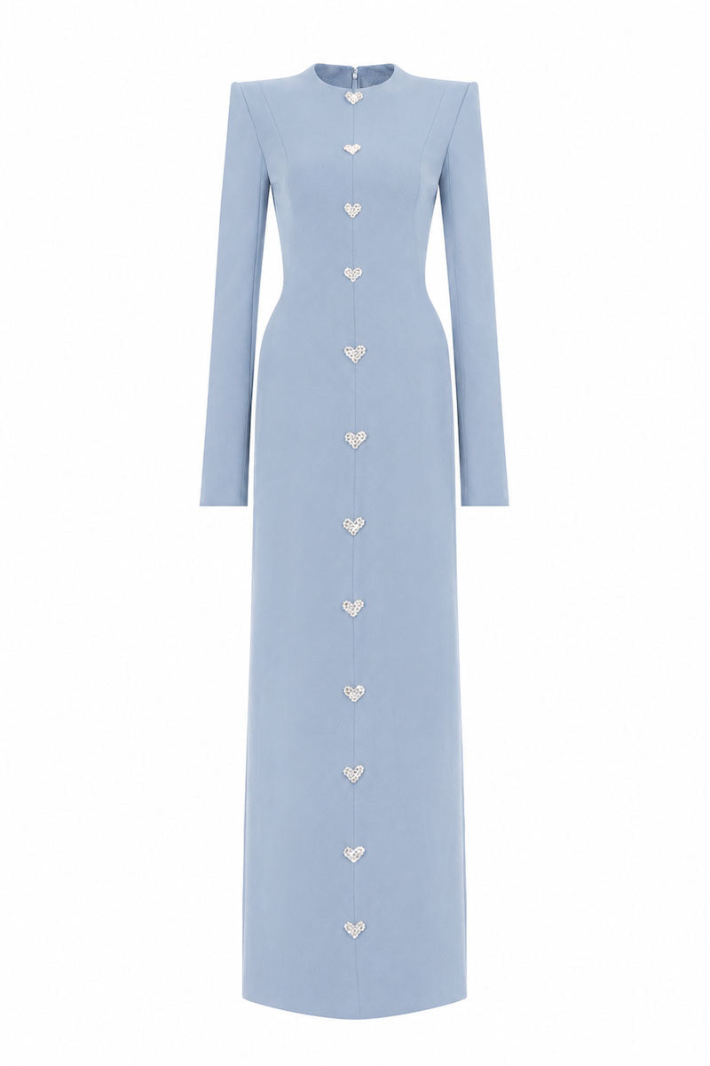 Light blue L'SCARLETT maxi dress with straight cut, long sleeves, hand-embellished crystal heart detail, front view.