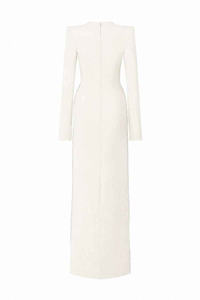 L'SCARLETT off-white maxi dress with straight cut, long sleeves, hand-embellished crystal heart detailing, back view.