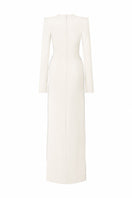 White straight-cut gown by L'SCARLETT with hand-embellished crystal heart design, shown from the back.