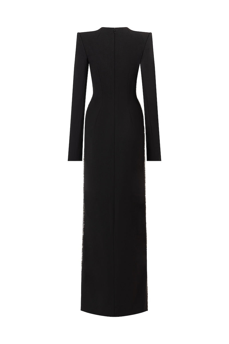 Black L'SCARLETT straight-cut long-sleeve maxi dress with hand-embellished crystal heart details, shown from the back.