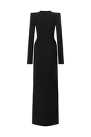Black L'SCARLETT gown with hand-embellished crystal heart design and straight-cut silhouette, shown from the back.
