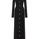 Black straight-cut gown by L'SCARLETT with hand-embellished crystal heart design, featuring elegant fabric and detailed craftsmanship.