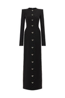Black straight-cut gown by L'SCARLETT with hand-embellished crystal heart design, featuring elegant fabric and detailed craftsmanship.