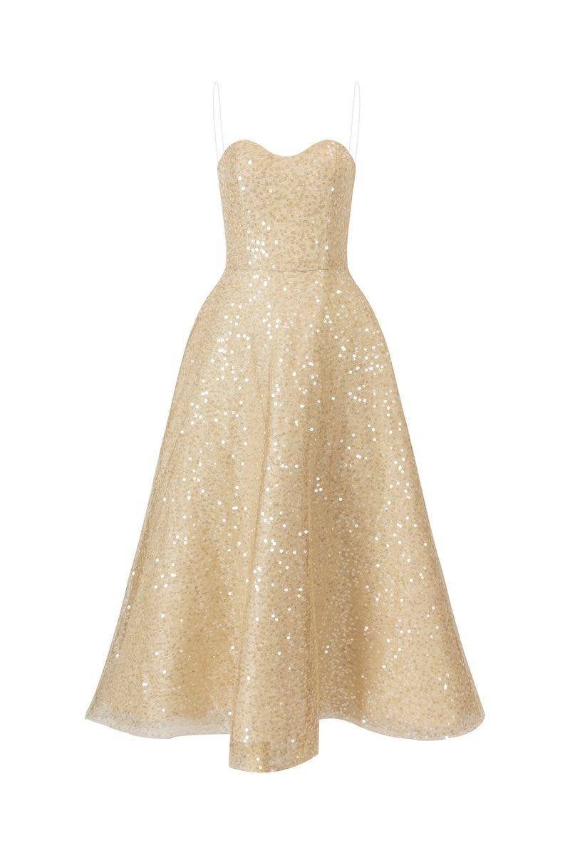 Light gold L'SCARLETT flared spaghetti-strap sequin midi dress shown from the front, highlighting its elegant design and shimmering details.