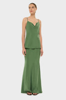 NIluu AQUAFLORA Lucy slip skirt in moss color, maxi skirt with flowing fabric and adjustable waist, shown on a model.