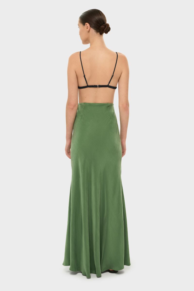 niLuu AQUAFLORA Lucy slip skirt in moss green, maxi skirt with flowing fabric and elegant design, perfect for casual or dressy wear.