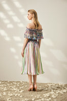 Multicolor floral midi dress by Le Thanh Hoa with a flowing silhouette and vibrant floral pattern, suitable for spring and summer wear.