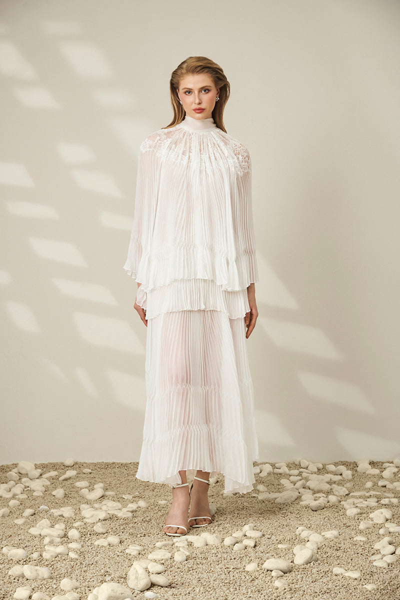 LACE-TRIMMED PLEATED MAXI DRESS