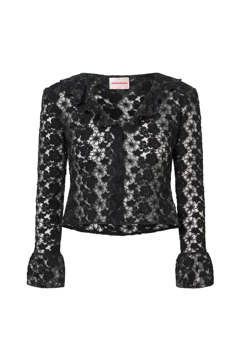 Black Señorita Lucia blouse featuring a stylish, tailored shirt with long sleeves and a classic collar.